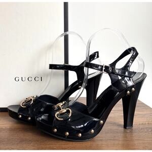 GUCCI Sand Pelle Sz 8 Black Patent Leather Horsebit Heels Sandals COA‎ BOX Auth
